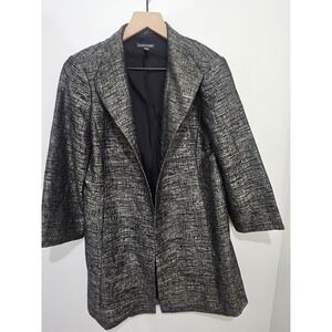 Eileen Fisher Metallic Silk Blend Open Front Evening Coat Black Silver XS